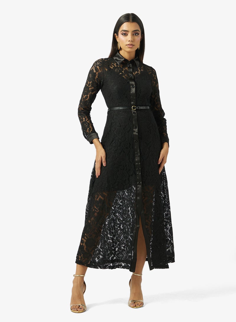 Style Cheat Mesh Detail Collar Neck Maxi Dress - Image 1